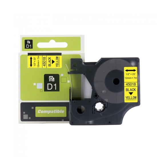 Dymo D1 Labelling Tape 45018 12mm Black on Yellow Tonerink Brand